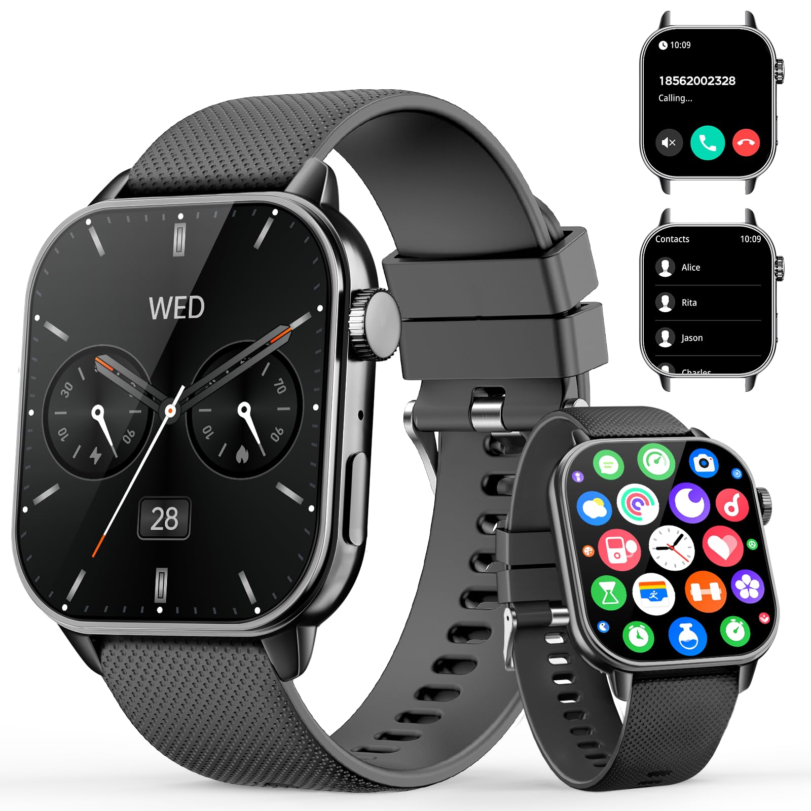 Smart Watch for Men Women, 1.85'' AMOLED HD Fitness Watch with 120+ Sports Modes, Bluetooth Call/Heart Rate/Sleep Monitor/Pedometer, Smartwatch for Android iOS, IP68 Waterproof, Glossy Black