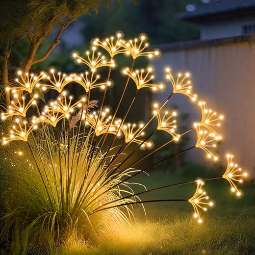 JJGoo Solar Garden Lights, New Upgraded 2 Pack Solar Swaying Starburst Light, Waterproof Fireworks Outdoor Lights, Yard Patio Pathway Decoration, Warm White