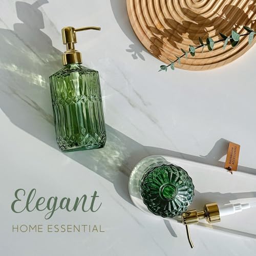 JASAI 18Oz Green Glass Soap Dispenser with Gold Rust Proof Pump, Refillable Kitchen soap Dispenser for Dish Soap, Soap Dispenser Bathroom for Hand soap, Lotion, Body Wash.