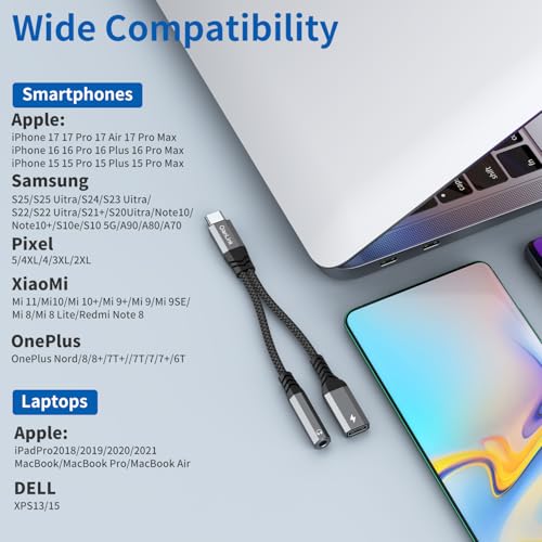 USB C to 3.5mm Headphone and Charger Adapter, 2-in-1 Type C to Aux Jack Cable with PD 60W Fast Charging for iPhone15 16 17 Pro Max, Samsung Galaxy S22 S23 S24 S25 Ultra, Note 20, iPad Air4, Pixel 8 9