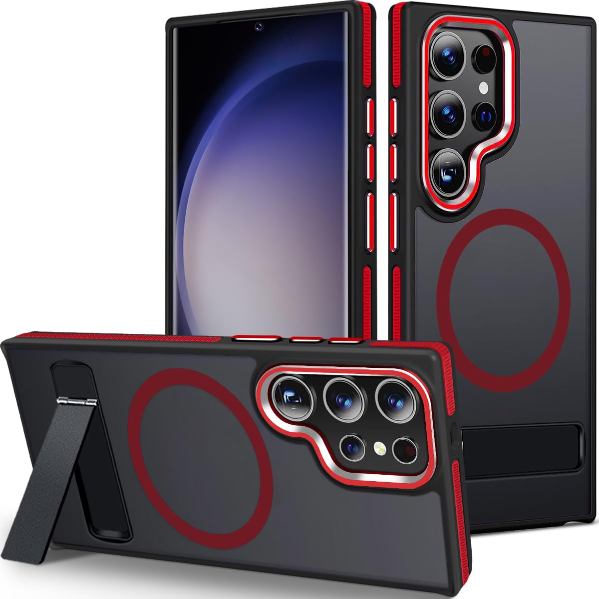 Magnetic Case for Samsung Galaxy S24 Ultra with Stand, Compatible with MagSafe, Anti-Slip Cover & Shockproof, Slim Translucent Back for Galaxy S24 Ultra Phone Case (Black/Red)