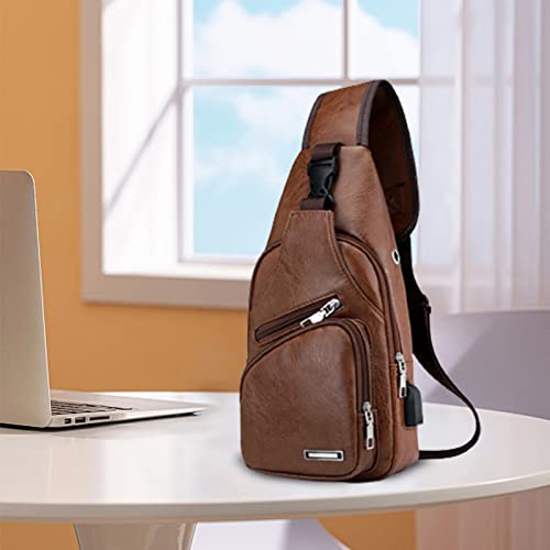 Sling Bag For Men Women Shoulder Backpack Chest Bags Crossbody Daypack with Earphone Hole For Hiking Camping Outdoor Trip (Khaki)