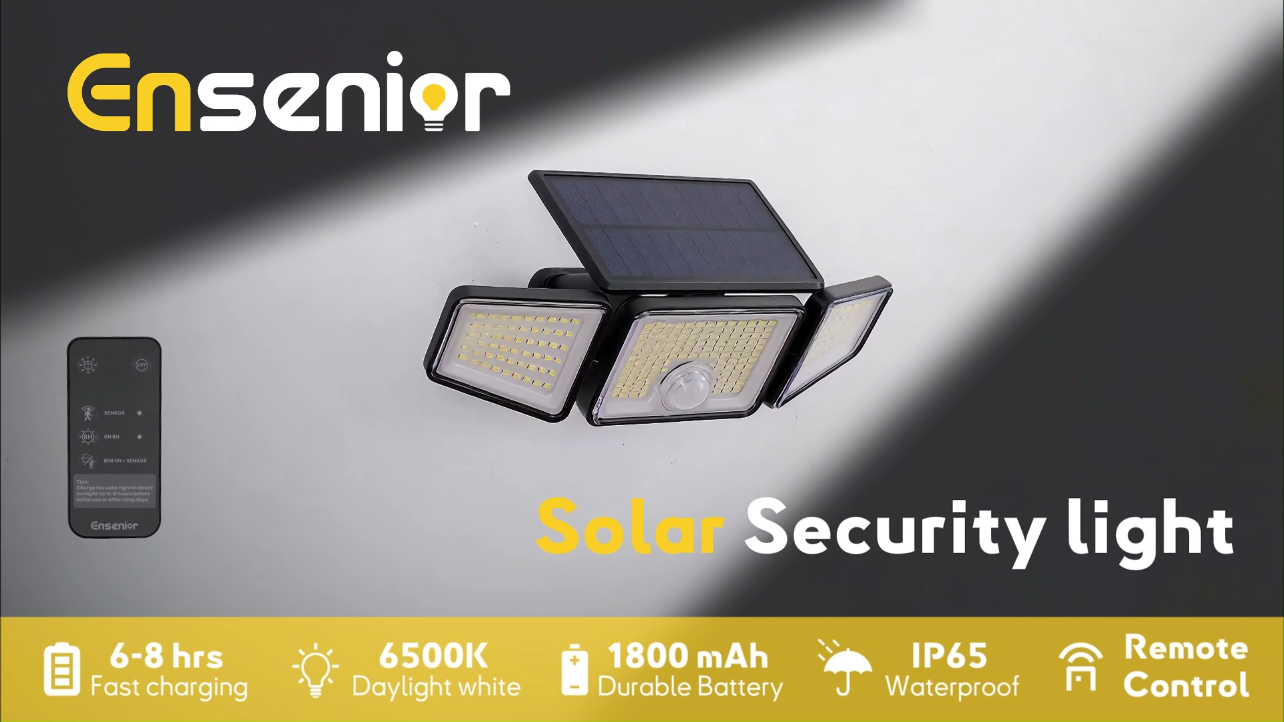 Ensenior Solar Lights Outdoor Motion Sensor, 800LM 220 LED High Brightness, 3 Head 270° Wide Angle Flood Lights, Remote Control Security Lights 4 Modes, IP65 Waterproof Wireless Wall Light, 2 Pack