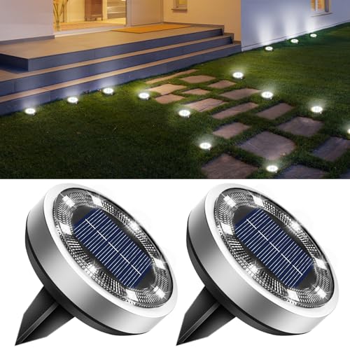 btfarm 2 Pack Solar Lights Outdoor, 8 LED Solar Ground Lights IP65 Waterproof Flat Solar Disc Light, Pathway Lights for Garden Lawn Patio Yard Path Landscape, Cool White