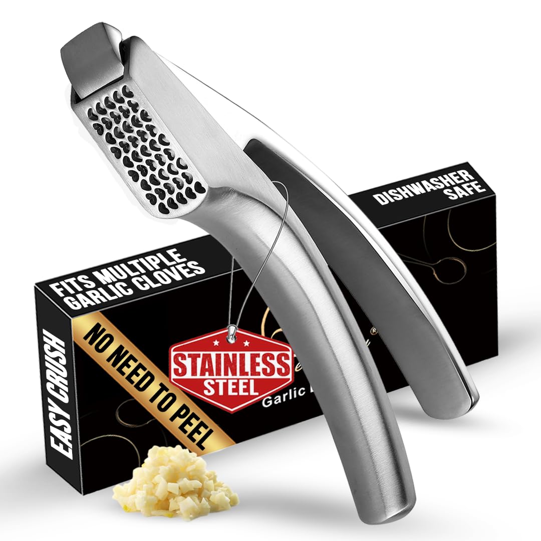 No Peeling Required Garlic Press Stainless Steel with Detachable Handle for Coarse Mincing - Premium Garlic Mincer Tool, Rust-Proof, Easy to Clean, Dishwasher Safe Garlic Crusher, Lifetime Replacement