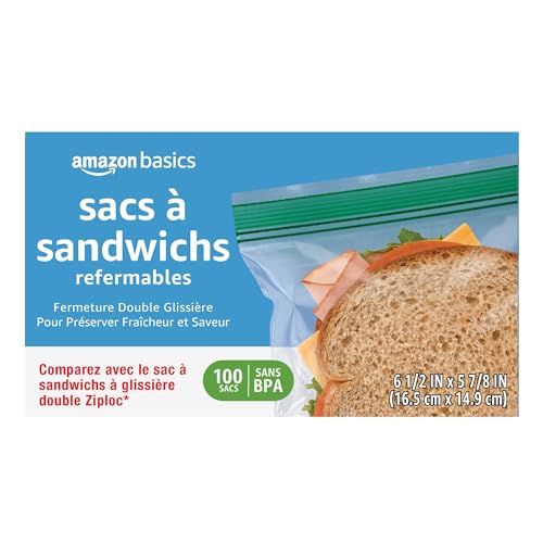 Amazon Basics Reclosable Double Zipper Sandwich Storage Bags for Food Storage, BPA Free, 100 Count