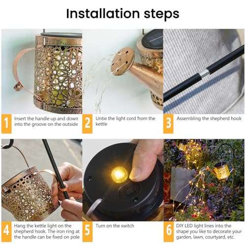 Solar Lights Outdoor Decorative, Metal Watering Can Lights Waterproof, Small Hanging Garden Decor Yard Outside Patio Lawn, Gifts for Mom Grandma Women Birthday(Warm White)