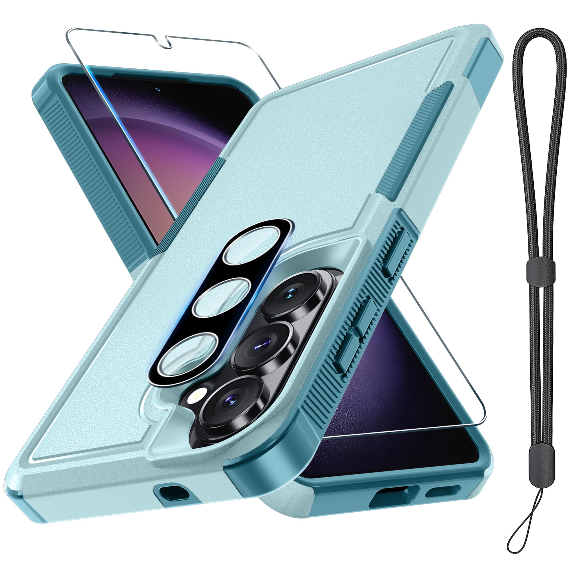 for Samsung Galaxy S26 Case with Screen Protector+Camera Lens Cover,Military Grade Heavy Duty Shockproof Phone Cover with Wrist Lanyard Strap for Samsung S26,Mint Green