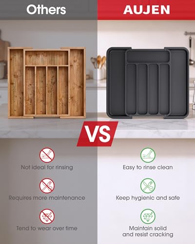 Aujen Silverware Organizer - Expandable Kitchen Drawer Organizer, Adjustable Utensil Organizer, Cutlery Tray for Forks, Knives, Multipurpose Kitchen Organizers and Storage Solution, Black, Medium