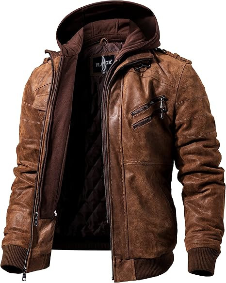 Men’s Brown Leather Motorcycle Jacket | Removable Hood & Wind Resistant