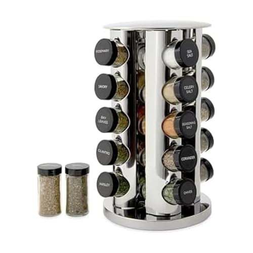 Kamenstein 20 Jar Revolving Countertop Spice Rack with Spices Included, FREE Spice Refills for 5 Years, Polished Stainless Steel with Black Caps, 30020