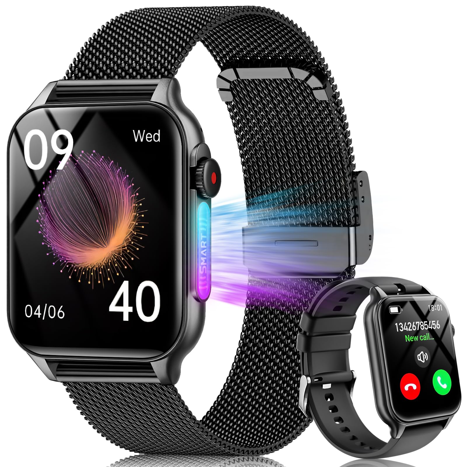 BRHE Smart Watches for Women Men (Answer/Make Calls), 1.89" Smartwatch for iOS/Android Phones，Waterproof Fitness Tracker with Heart Rate/Blood Pressure/Sleep Monitor (2 Bands Included), Black