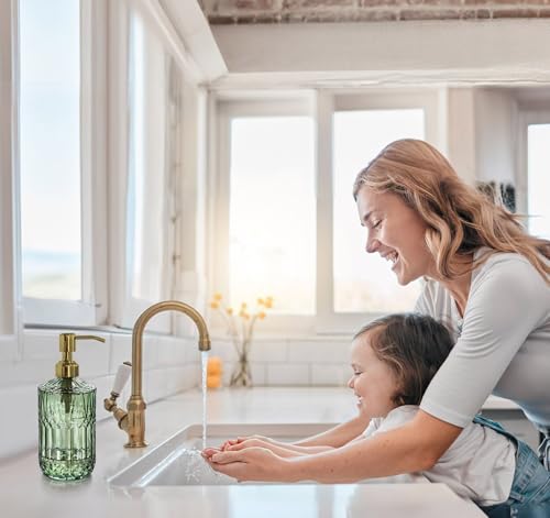JASAI 18Oz Green Glass Soap Dispenser with Gold Rust Proof Pump, Refillable Kitchen soap Dispenser for Dish Soap, Soap Dispenser Bathroom for Hand soap, Lotion, Body Wash.