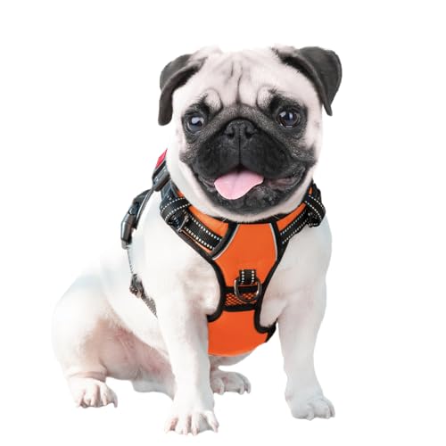 PHOEPET Reflective Dog Harness Large Breed Adjustable No Pull Vest with with Handle 2 Metal Rings 3 Buckles [Easy to Put on & Take Off](L, Orange)