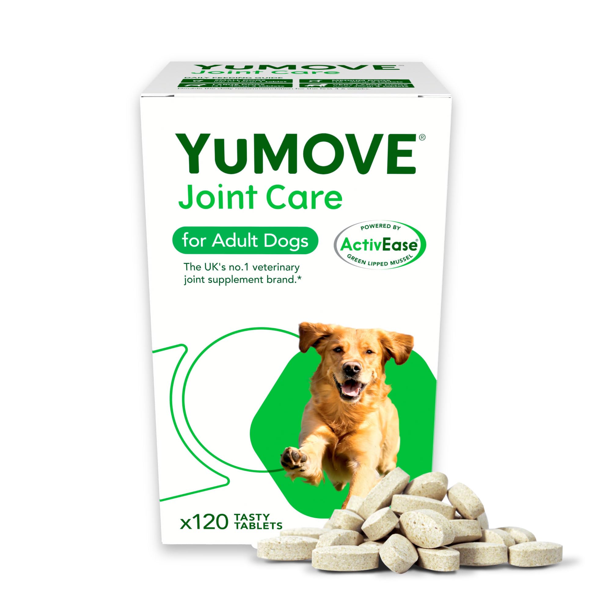 YuMOVE Joint Supplement for Dogs, Higher Strength for Joint Care, Essential Dog Hip and Joint Support for Adult Dogs Aged 6 to 8, 120 Tablets - Eco Friendly and Letter Box Ready Packaging