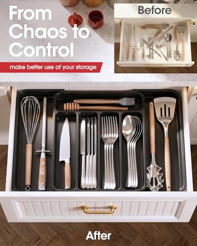 Aujen Silverware Organizer - Expandable Kitchen Drawer Organizer, Adjustable Utensil Organizer, Cutlery Tray for Forks, Knives, Multipurpose Kitchen Organizers and Storage Solution, Black, Medium