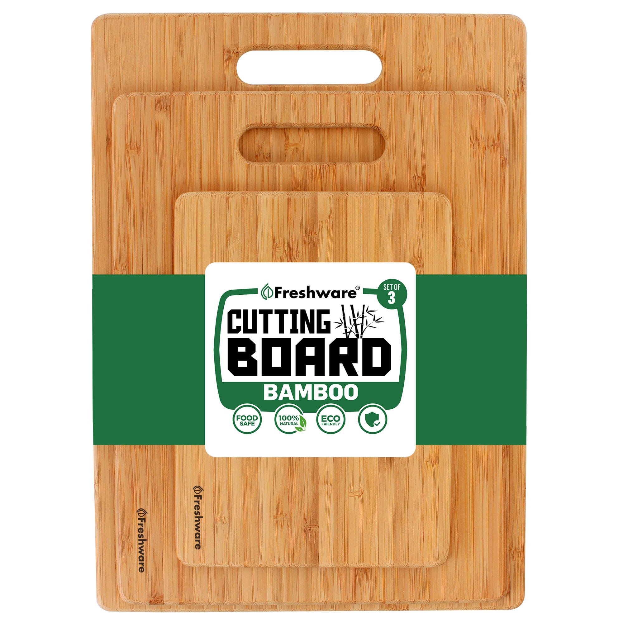 Freshware Bamboo Cutting Board Set of 3, Wooden Cutting Boards for Kitchen, Knife Friendly Food Grade Chopping Board, Lightweight with Hanging Hole for Easy Storage