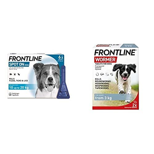 FRONTLINE Spot On Flea & Tick Treatment for Medium Dogs (10-20kg) - 6 Pipettes & FRONTLINE WORMER for Dogs - 2 Tablets