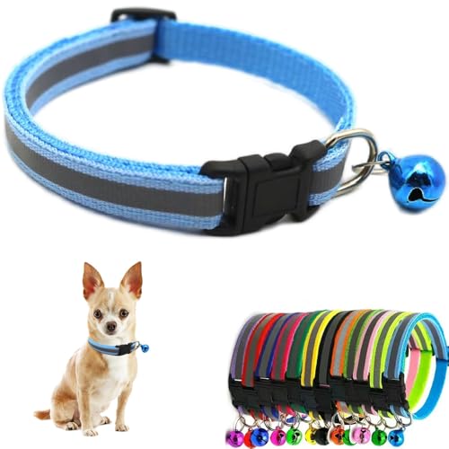 Light Blue XS Dog Collar with Bell, Reflective Cat Collars Girl Soft Adjustable Buckle for XXS XSmall Extra Small Puppy Female Male Tiny Pets Dogs Boy Kitten Yorkie X-Small