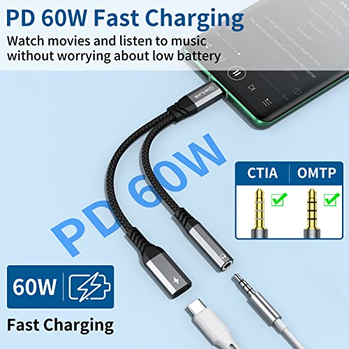 USB C to 3.5mm Headphone and Charger Adapter, 2-in-1 Type C to Aux Jack Cable with PD 60W Fast Charging for iPhone15 16 17 Pro Max, Samsung Galaxy S22 S23 S24 S25 Ultra, Note 20, iPad Air4, Pixel 8 9