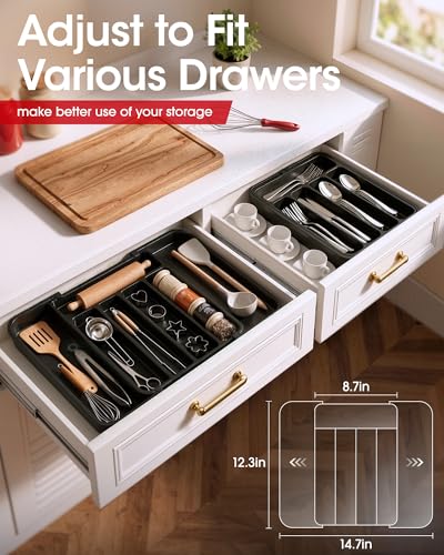 Aujen Silverware Organizer - Expandable Kitchen Drawer Organizer, Adjustable Utensil Organizer, Cutlery Tray for Forks, Knives, Multipurpose Kitchen Organizers and Storage Solution, Black, Medium
