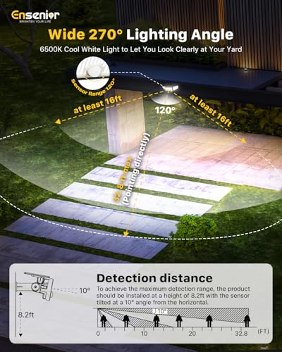 Ensenior Solar Lights Outdoor Motion Sensor, 800LM 220 LED High Brightness, 3 Head 270° Wide Angle Flood Lights, Remote Control Security Lights 4 Modes, IP65 Waterproof Wireless Wall Light, 2 Pack