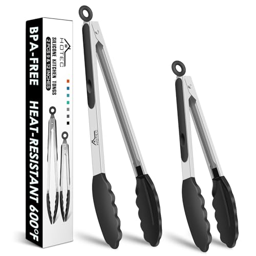 HOTEC Premium Stainless Steel Locking Kitchen Tongs with Silicon Tips, Set of 2-9" and 12"