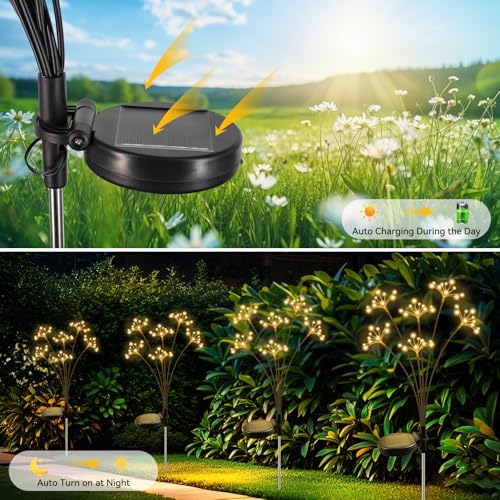 JJGoo Solar Garden Lights, New Upgraded 2 Pack Solar Swaying Starburst Light, Waterproof Fireworks Outdoor Lights, Yard Patio Pathway Decoration, Warm White