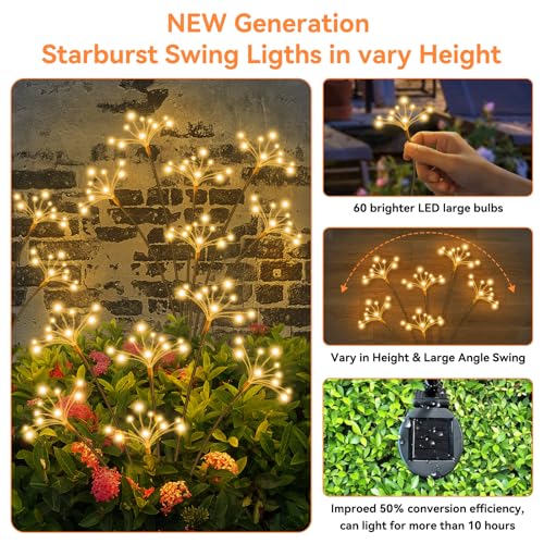 JJGoo Solar Garden Lights, New Upgraded 2 Pack Solar Swaying Starburst Light, Waterproof Fireworks Outdoor Lights, Yard Patio Pathway Decoration, Warm White