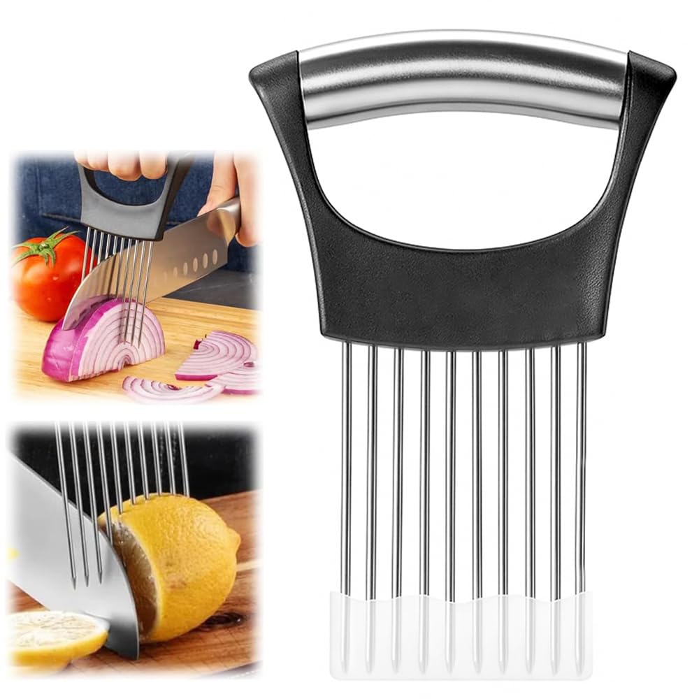 Onion Slicer, Stainless Steel Onion Holder for Slicing with Protective Case, Onion Cutter Tool for Meat Lemon Potato Tomato Avocado Egg Kitchen Slicing Assistant Tool (1 PCS)