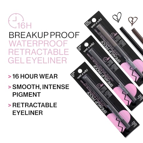 wet n wild Mega Last Breakup Proof Waterproof Retractable Gel Eyeliner - Ultra Pigmented 16-Hour Long Wear, Smudge Proof Satin Finish Formula, Cruelty-Free & Vegan - Charcoal