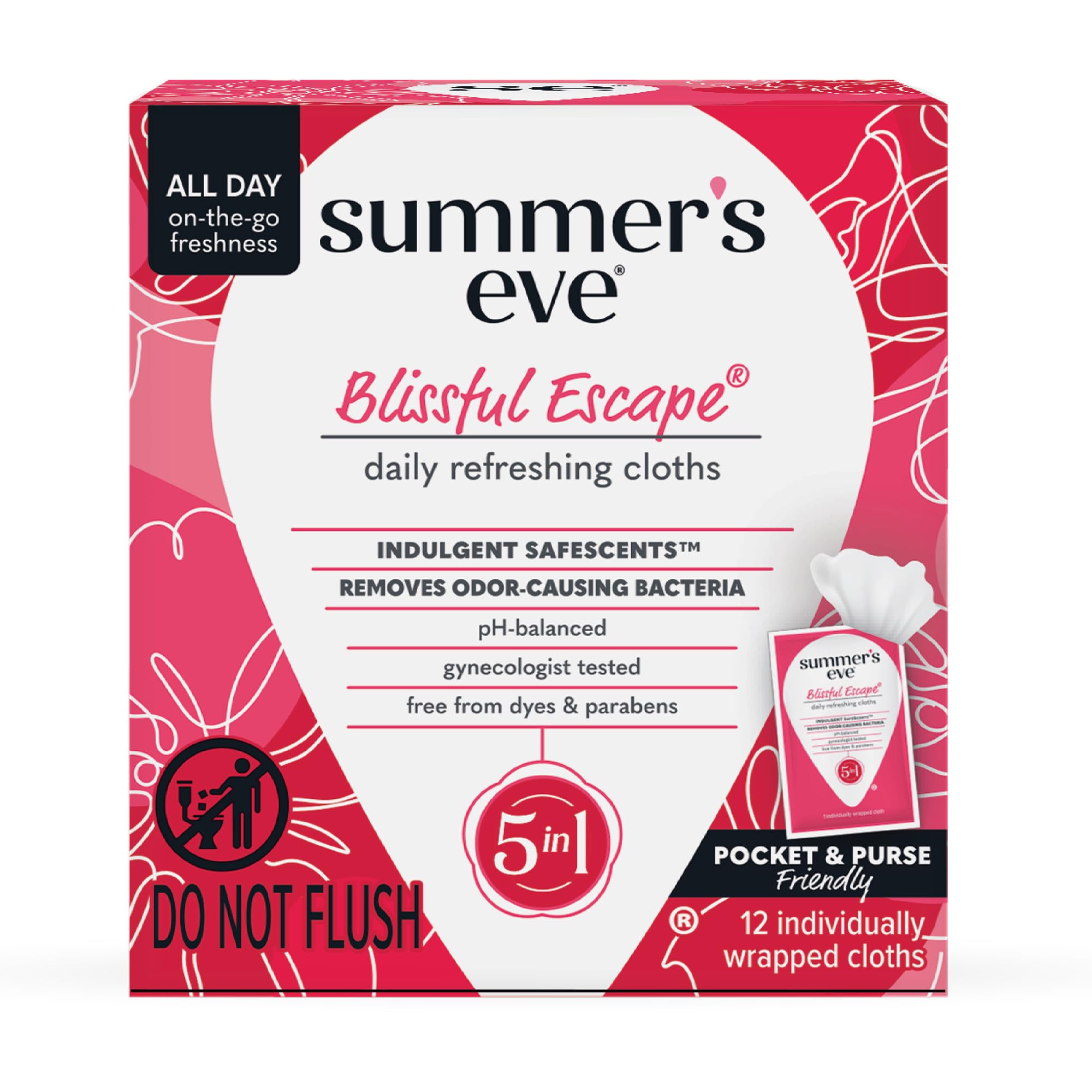 Summer's Eve Blissful Escape Feminine Wipes, Gentle pH-Balanced Formula Helps Control Vaginal Odor, Individually Wrapped Wipes, 12 Count