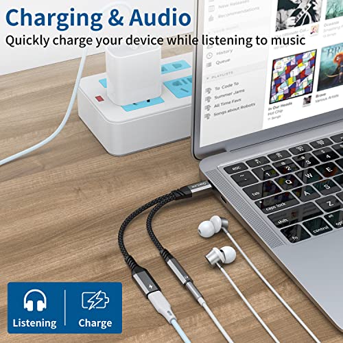 USB C to 3.5mm Headphone and Charger Adapter, 2-in-1 Type C to Aux Jack Cable with PD 60W Fast Charging for iPhone15 16 17 Pro Max, Samsung Galaxy S22 S23 S24 S25 Ultra, Note 20, iPad Air4, Pixel 8 9