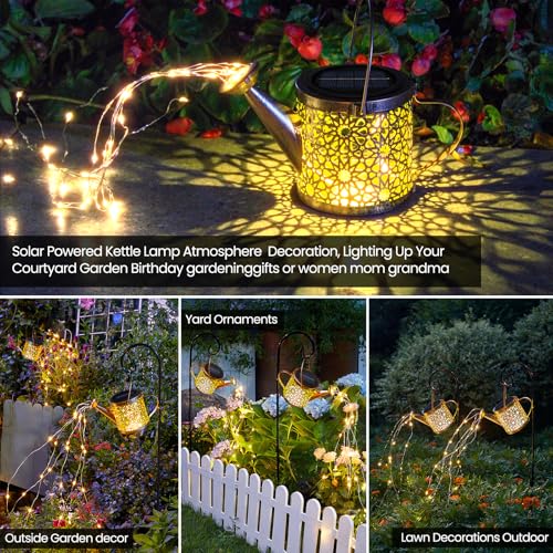 Solar Lights Outdoor Decorative, Metal Watering Can Lights Waterproof, Small Hanging Garden Decor Yard Outside Patio Lawn, Gifts for Mom Grandma Women Birthday(Warm White)