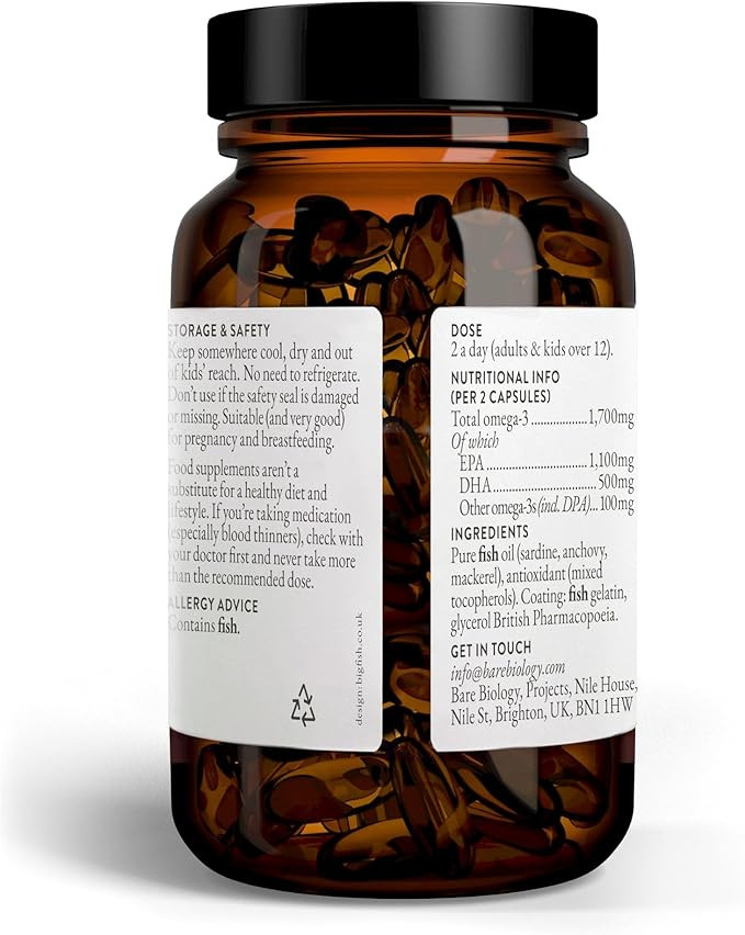 Bare Biology 1,700mg Omega-3 Super-Strength Fish Oil - Life & Soul Daily Omega 3 Capsules (1 Month Supply - 60 Capsules) 1,100mg EPA and 500mg DHA, Supports Heart, Brain Function & Eye Health