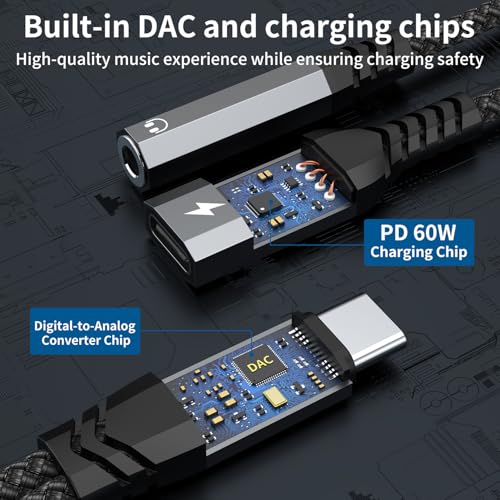USB C to 3.5mm Headphone and Charger Adapter, 2-in-1 Type C to Aux Jack Cable with PD 60W Fast Charging for iPhone15 16 17 Pro Max, Samsung Galaxy S22 S23 S24 S25 Ultra, Note 20, iPad Air4, Pixel 8 9