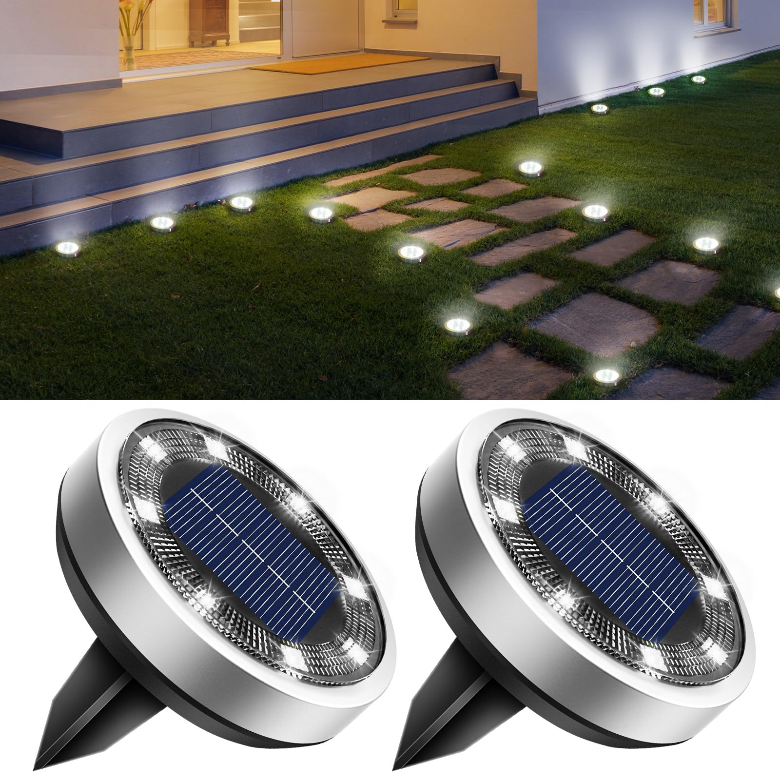 btfarm 2 Pack Solar Lights Outdoor, 8 LED Solar Ground Lights IP65 Waterproof Flat Solar Disc Light, Pathway Lights for Garden Lawn Patio Yard Path Landscape, Cool White