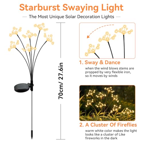 JJGoo Solar Garden Lights, New Upgraded 2 Pack Solar Swaying Starburst Light, Waterproof Fireworks Outdoor Lights, Yard Patio Pathway Decoration, Warm White