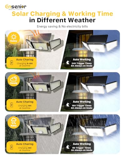 Ensenior Solar Lights Outdoor Motion Sensor, 800LM 220 LED High Brightness, 3 Head 270° Wide Angle Flood Lights, Remote Control Security Lights 4 Modes, IP65 Waterproof Wireless Wall Light, 2 Pack
