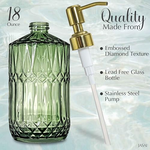 JASAI 18Oz Green Glass Soap Dispenser with Gold Rust Proof Pump, Refillable Kitchen soap Dispenser for Dish Soap, Soap Dispenser Bathroom for Hand soap, Lotion, Body Wash.