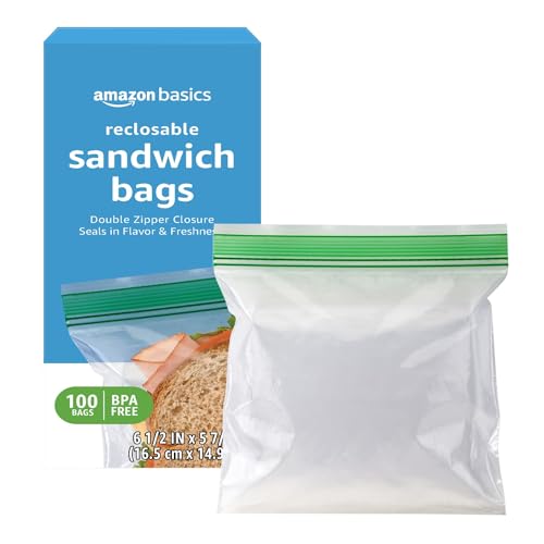 Amazon Basics Reclosable Double Zipper Sandwich Storage Bags for Food Storage, BPA Free, 100 Count