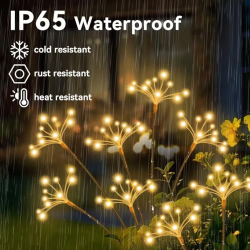 JJGoo Solar Garden Lights, New Upgraded 2 Pack Solar Swaying Starburst Light, Waterproof Fireworks Outdoor Lights, Yard Patio Pathway Decoration, Warm White