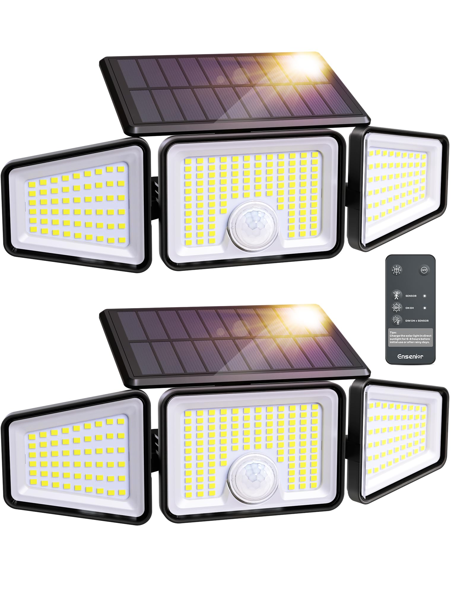 Ensenior Solar Lights Outdoor Motion Sensor, 800LM 220 LED High Brightness, 3 Head 270° Wide Angle Flood Lights, Remote Control Security Lights 4 Modes, IP65 Waterproof Wireless Wall Light, 2 Pack