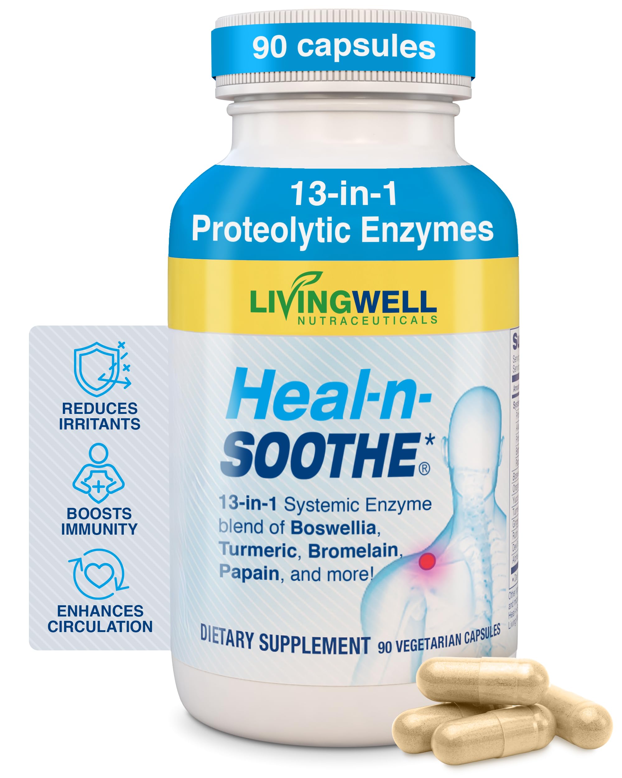 HEAL-N-SOOTHE Proteolytic Systemic Enzymes – Joint Supplement with Bromelain, Papain, Boswellia – Joint Mobility, Muscle Flexibility, Protein Digestion, Circulatory & Immune Health - 90 Count (1 Pack)