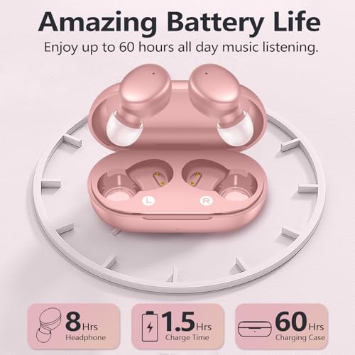 MOZOTER S8 Mini Wireless Earbuds Bluetooth 5.3 in Ear Light-Weight Headphones,60Hrs Playtime Ear Buds with Charging Case,Bluetooth Headsets,Premium Sound with Deep Bass for Sport-Pink