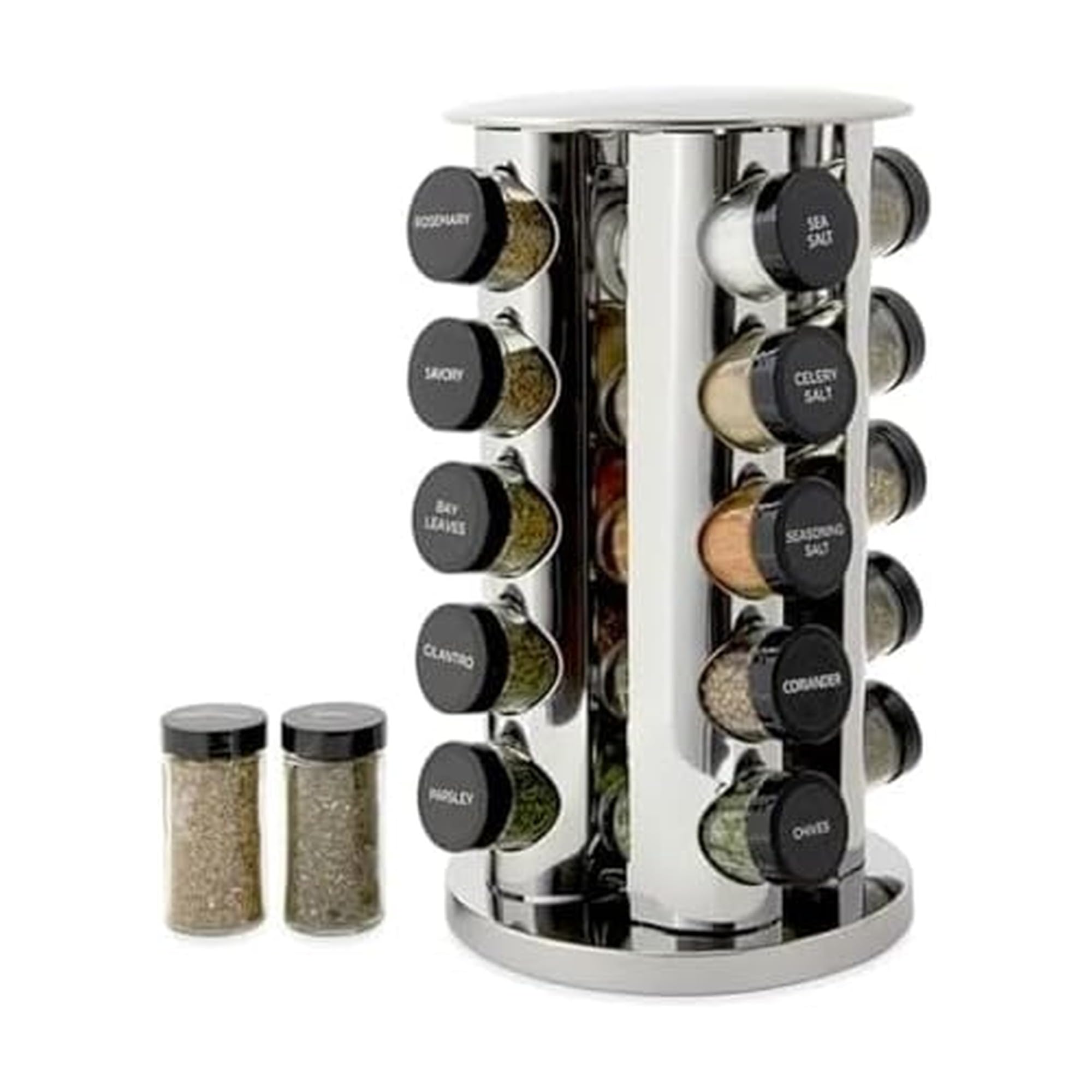 Kamenstein 20 Jar Revolving Countertop Spice Rack with Spices Included, FREE Spice Refills for 5 Years, Polished Stainless Steel with Black Caps, 30020