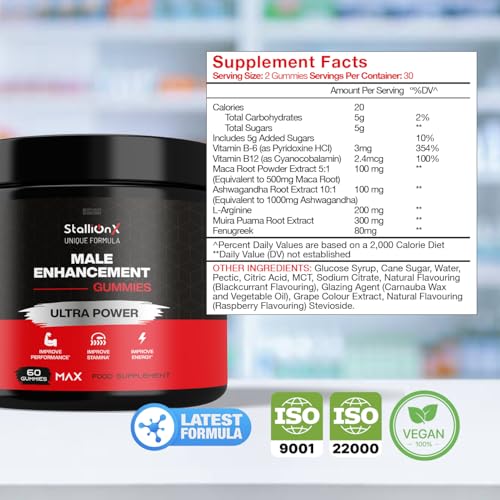 StallionX MAX Male Gummies, Maxed Out with Muira Puama and Fenugreek Plus Ashwagandha and Maca, Pack of 60 Gummies...Stallion X, 30 Servings