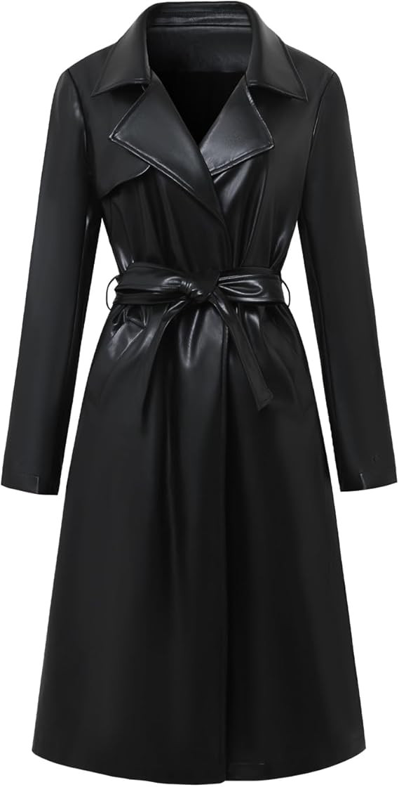 Women’s Black Leather Trench Coat – Long Belted Motorcycle Biker Jacket