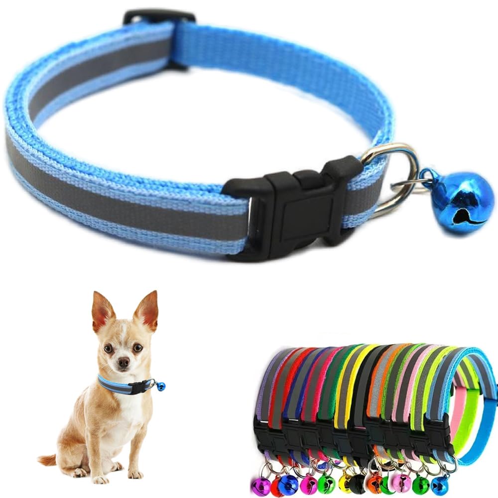 Light Blue XS Dog Collar with Bell, Reflective Cat Collars Girl Soft Adjustable Buckle for XXS XSmall Extra Small Puppy Female Male Tiny Pets Dogs Boy Kitten Yorkie X-Small