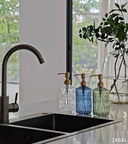 JASAI 18Oz Green Glass Soap Dispenser with Gold Rust Proof Pump, Refillable Kitchen soap Dispenser for Dish Soap, Soap Dispenser Bathroom for Hand soap, Lotion, Body Wash.